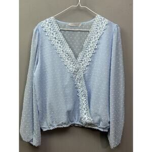 Miss Sparkling V-Neck Blouse Swiss Dot Fabric Wrap Blouse‎ Womens Small Blue